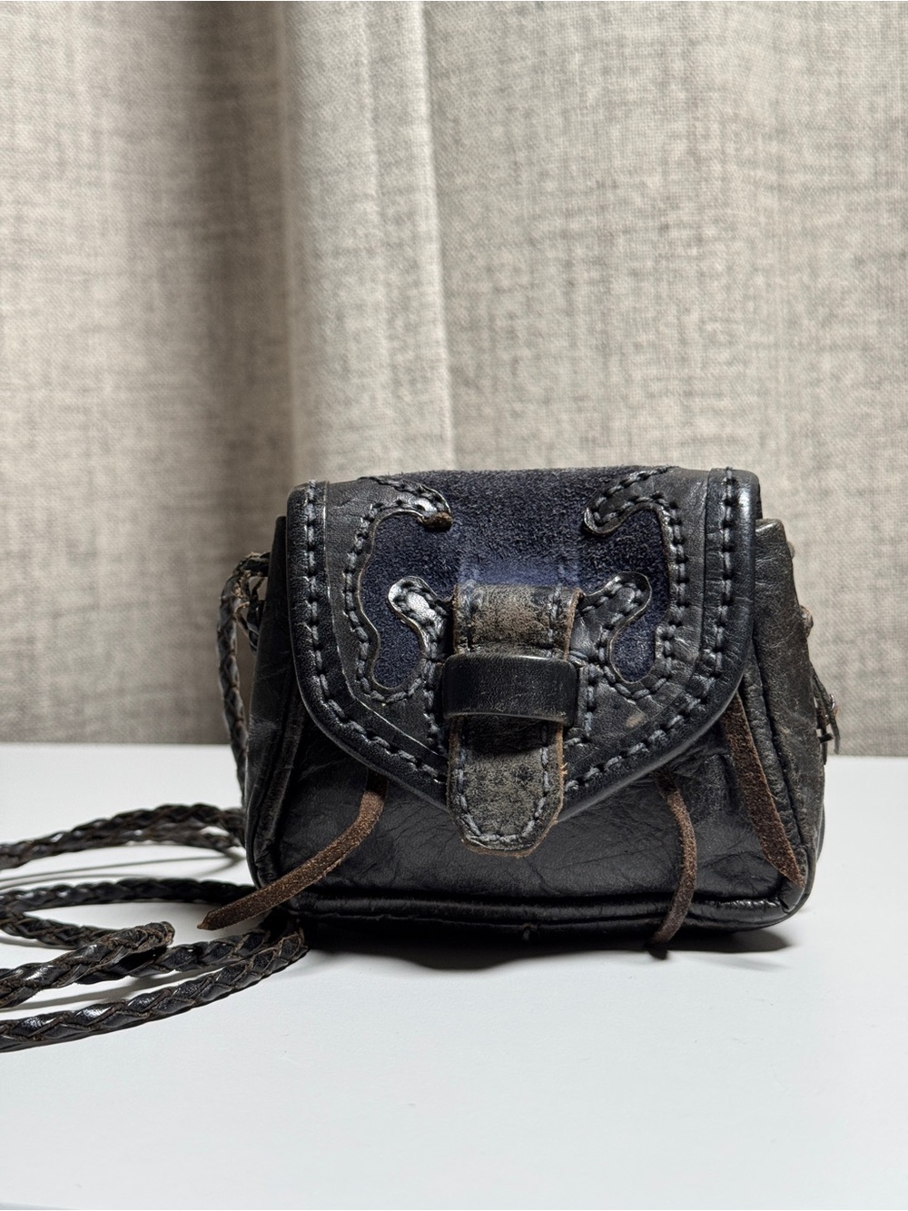 Vintage Leather Boho Mini Crossbody Bag Suede Flap Braided Strap